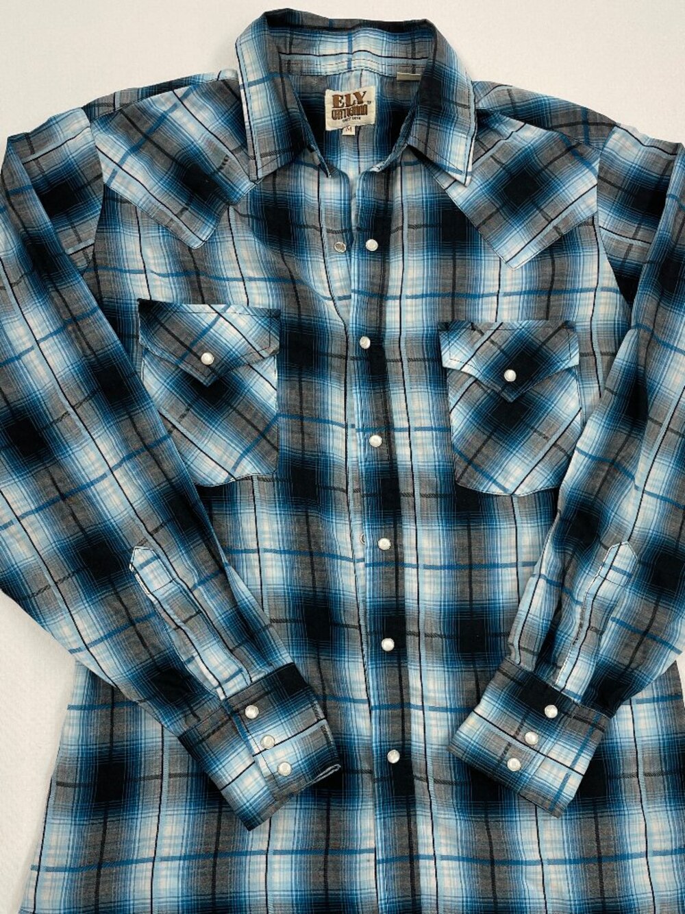 Ely Cattleman Vintage Western Cowboy Shirt Shadow Plaid Blue Pearl Snap Men’s M